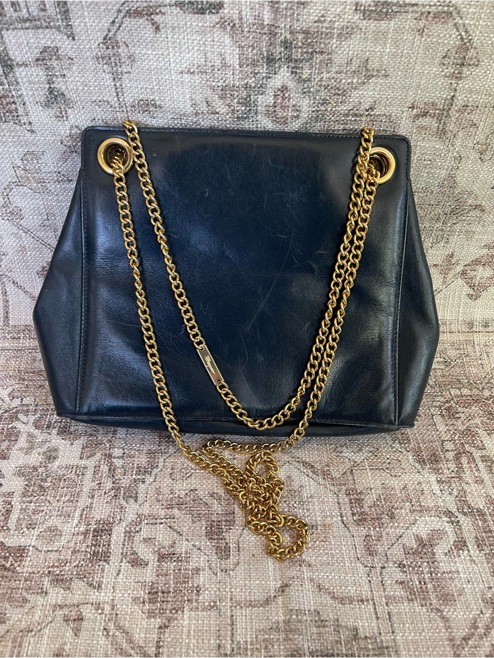 Salvatore Ferragamo Vintage 90’s Blue Leather Shoulder Bag with Gold Chain